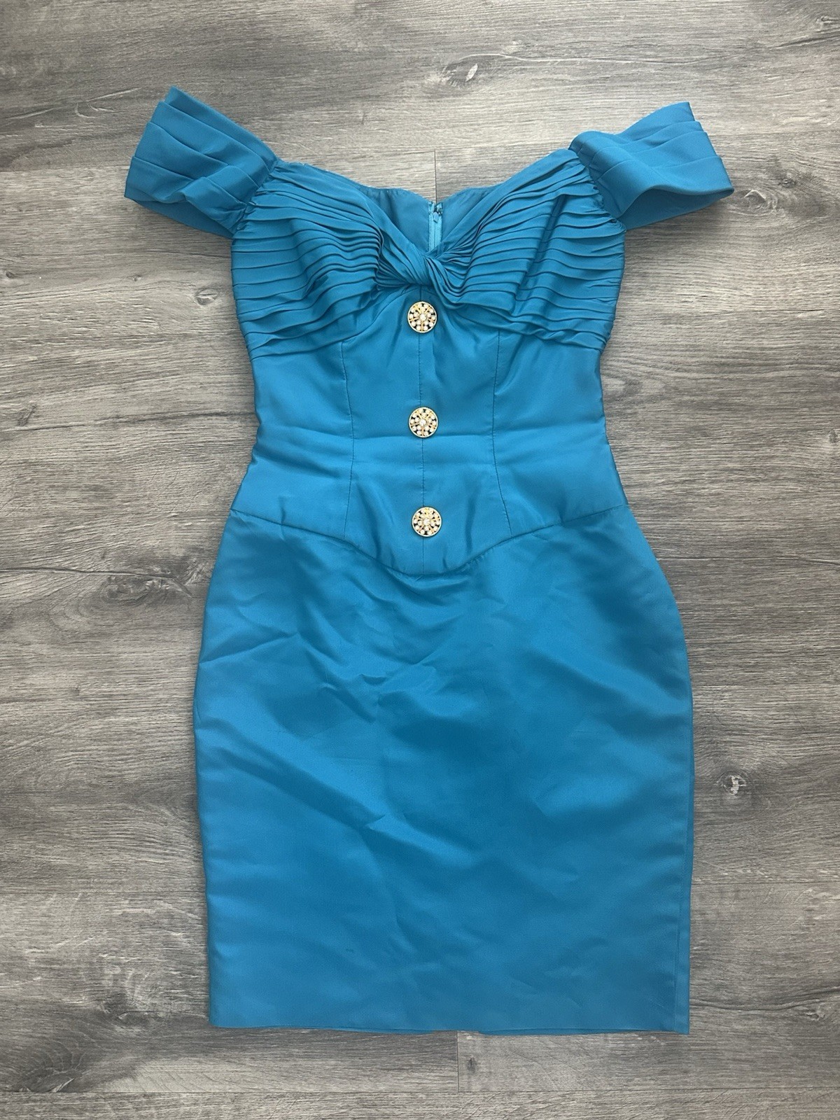 Vintage Tadashi Teal Off Shoulder Ruched Sheath Cocktail Dress 90s Jeweled