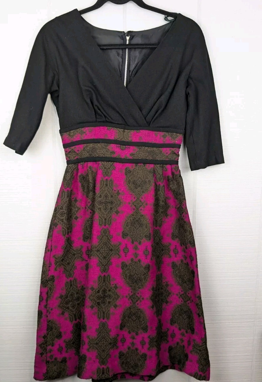 Miss Elliete Vintage Dress Fit and Flare 60s Black Pink Surplice Neckline Flaw