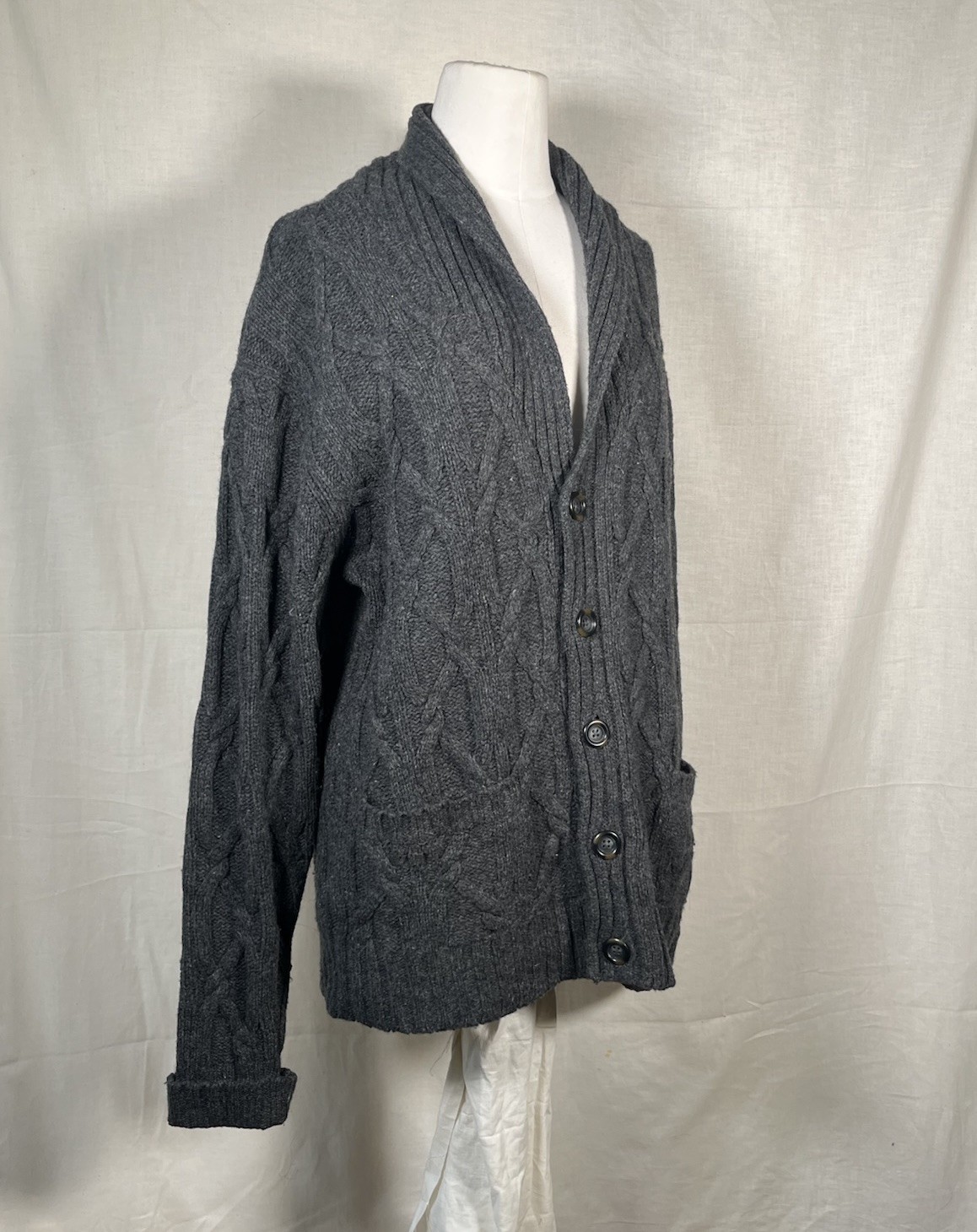 Vintage 60s 70s Pendleton Cable Knit Lamb Wool Collar Cardigan Sweater Grey M US