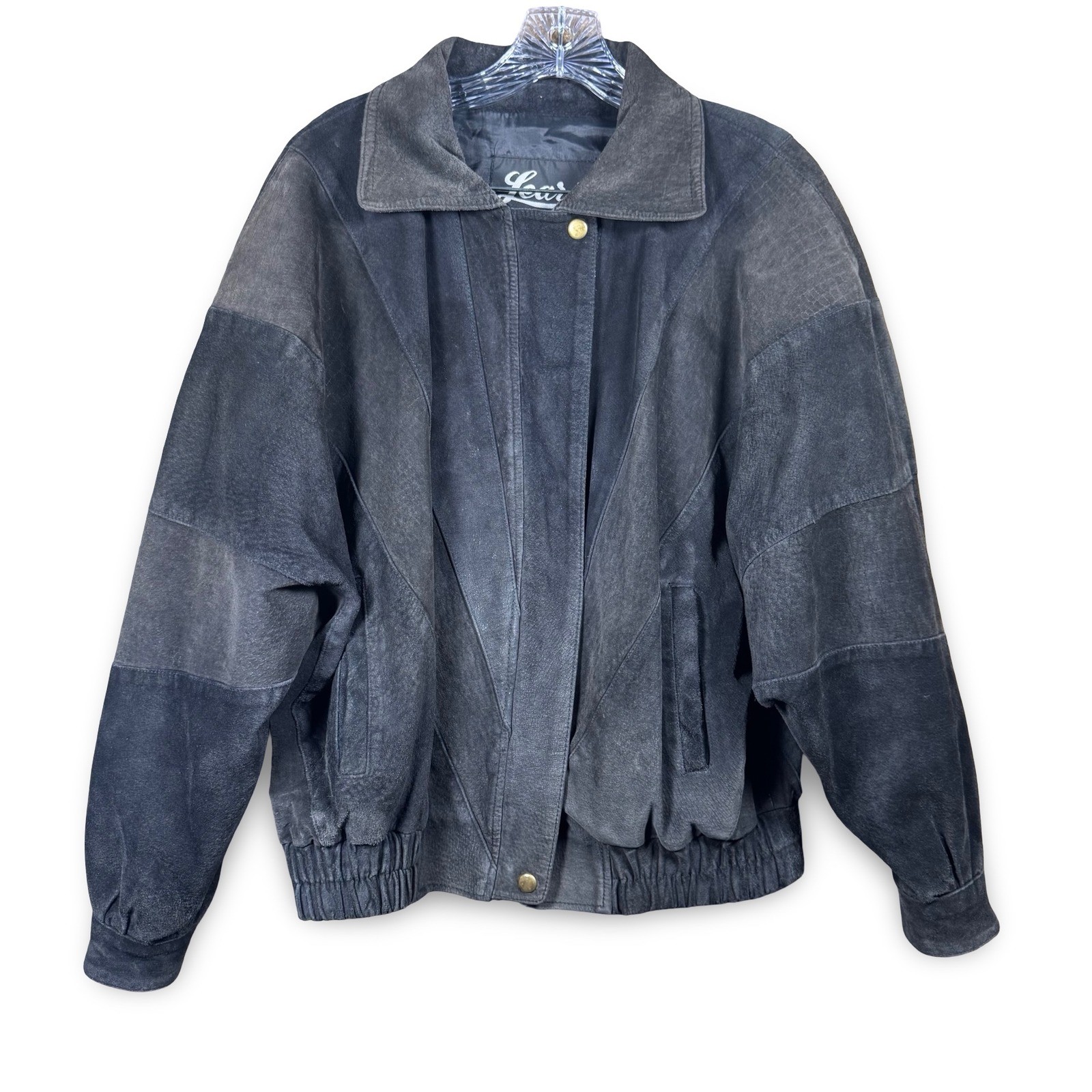 Learsi VTG 80s Suede Leather Bomber Jacket Gray Patchwork Zip Medium Moto