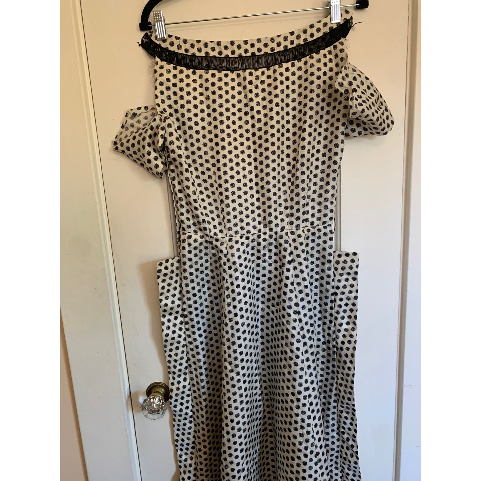 Anna Miller Vintage 50s Polka Dot Cold Shoulder Dress White Black Fringe Trim