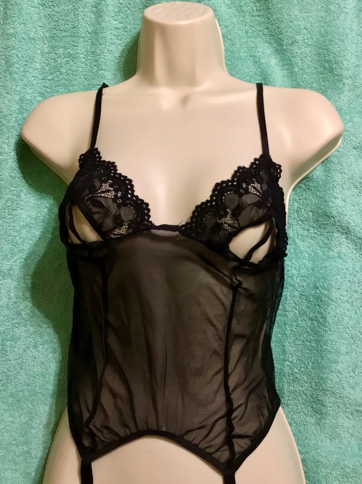 Black Lace Open Cup Merry Widow with Garters Lingerie Cami One Size 1Pc