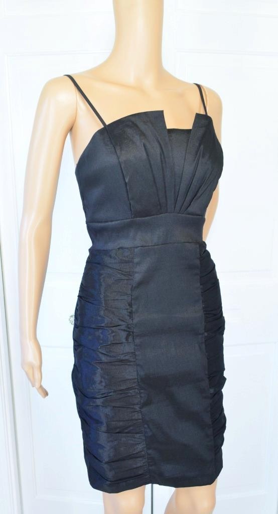 VTG 80s Eureka Black Mini Empire Ruched Shelf Bust Bandage Party Cocktail Dress