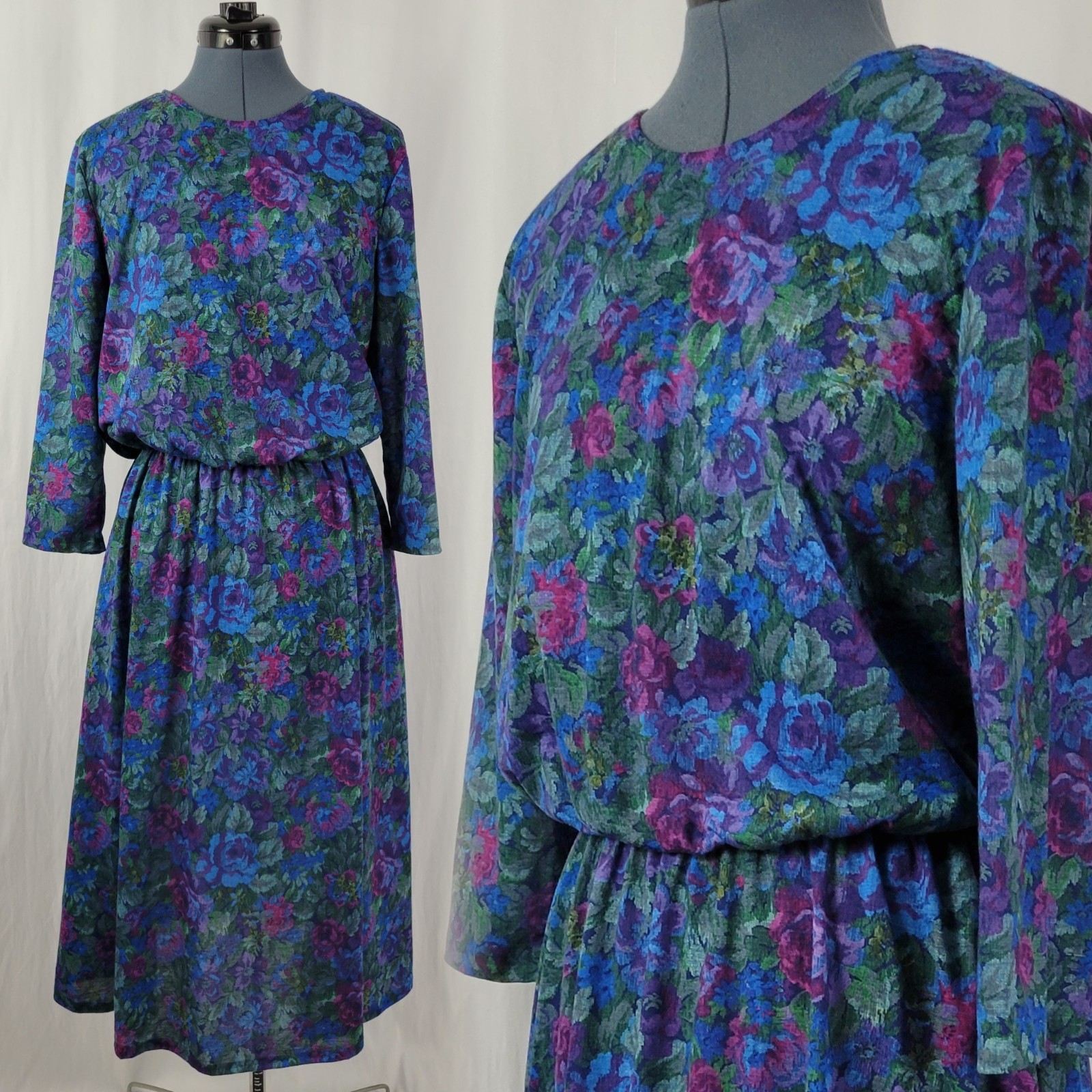 Vintage Sue Sherry Green/Purple/Blue/Magenta Floral Blouson Dress Size 16
