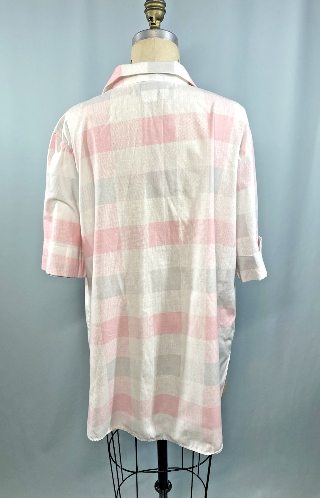Vintage Blouse SIZE XL 42 pink grey check tunic Top CALIFORNIA CONNECTION 80s