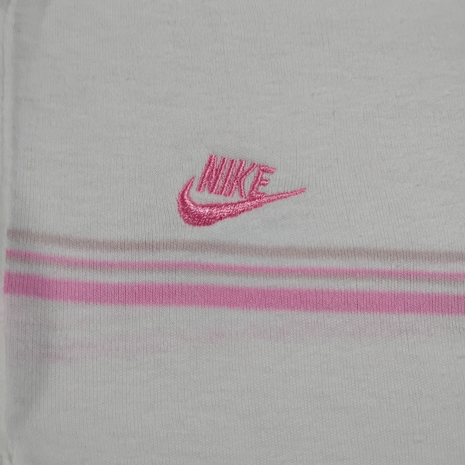 Vintage Nike Polo Shirt Women Large White Pink Striped Short Puff Sleeve 80s USA