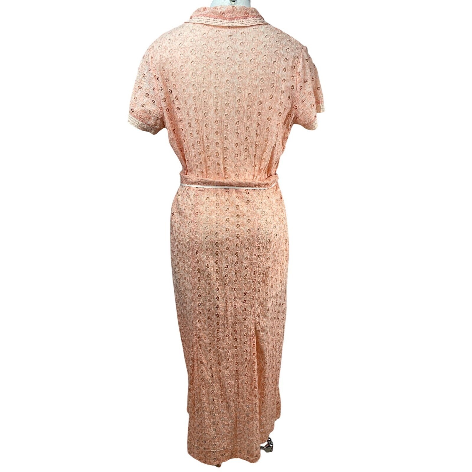 Vintage Womens (M/L) 50s Peach Eyelet Dress Boho Prairie Buttons Western Sheer