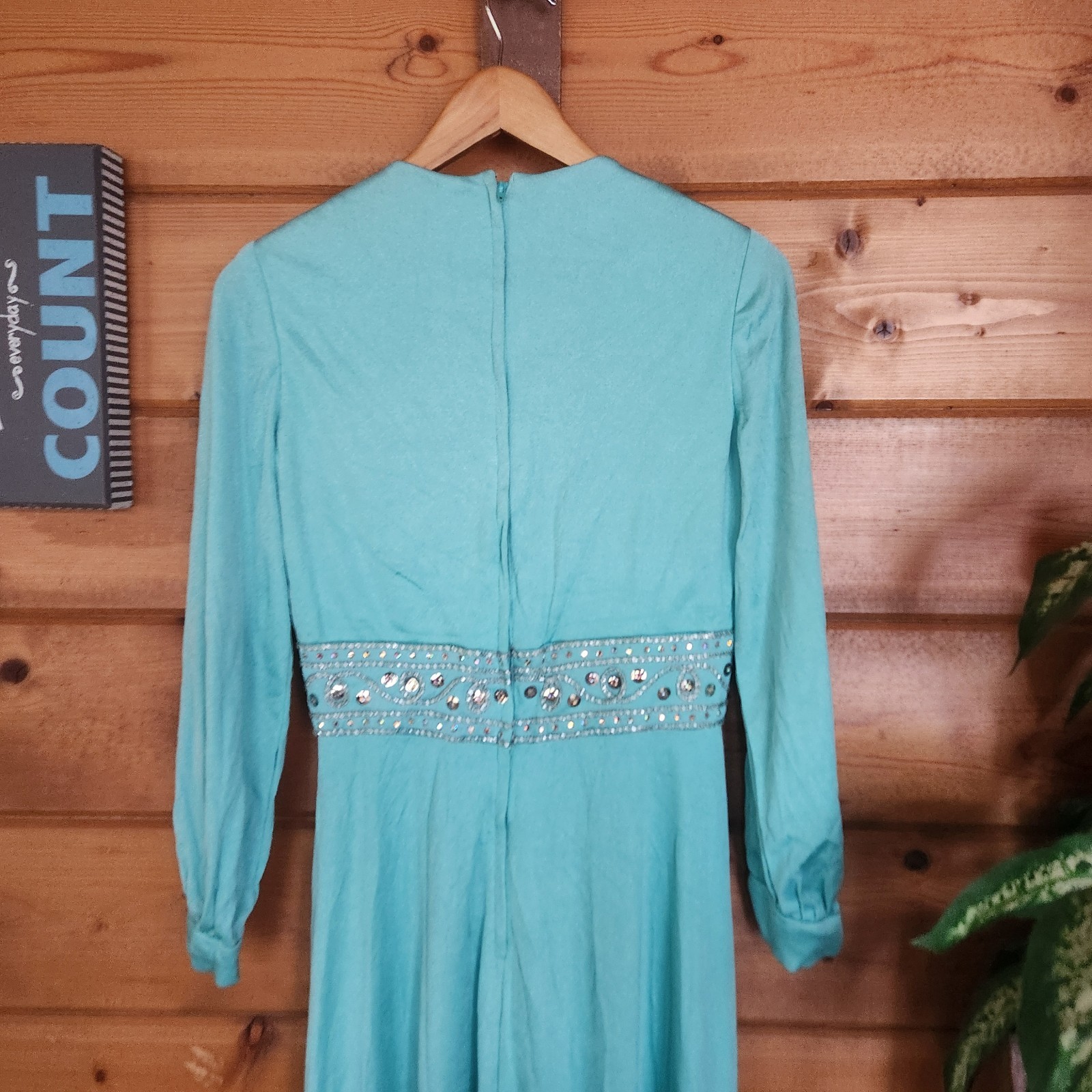 ILGWU Vintage 70s Maxi Dress Empire Waist Praire Retro Sequin Embellish Sz 26/2