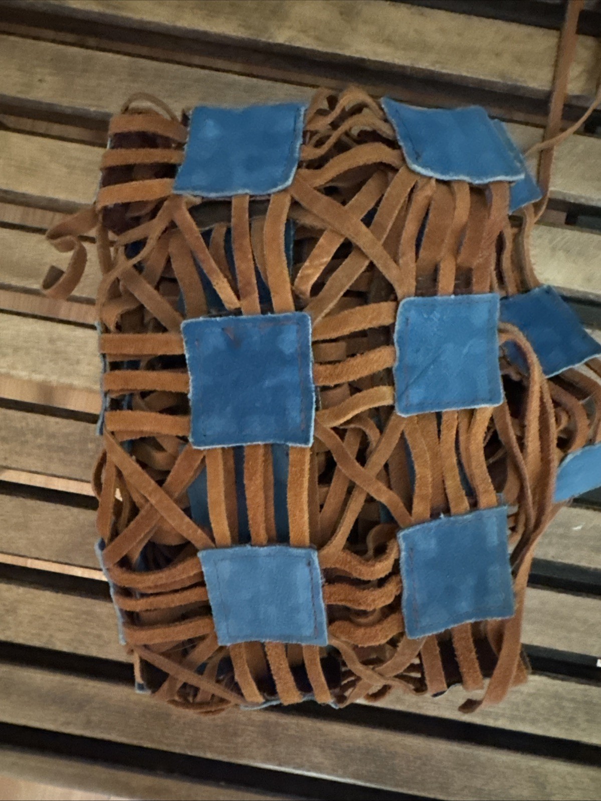 Vintage 70’s Hippie Suede Leather Cut Squares Blue & Brown Vest Made In Mexico