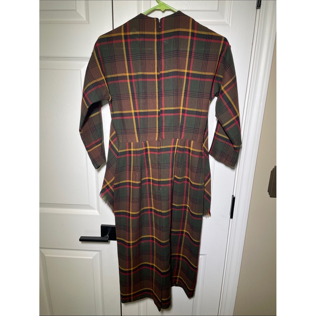 VTG 1950s Jerell Jr NY Brown Plaid Pencil Dress Neck Tie Size XS