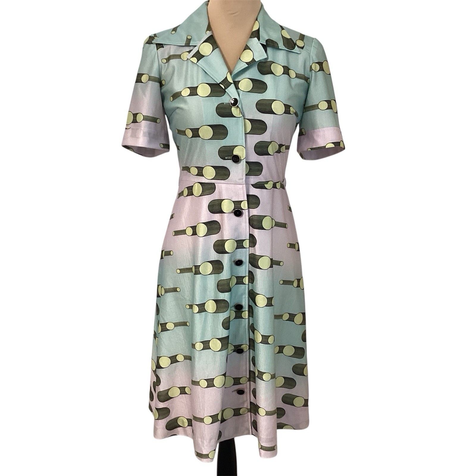 Vintage 60s 70s Mod A-Line Dress Womens M Geometric Print Shirt Dress Belted