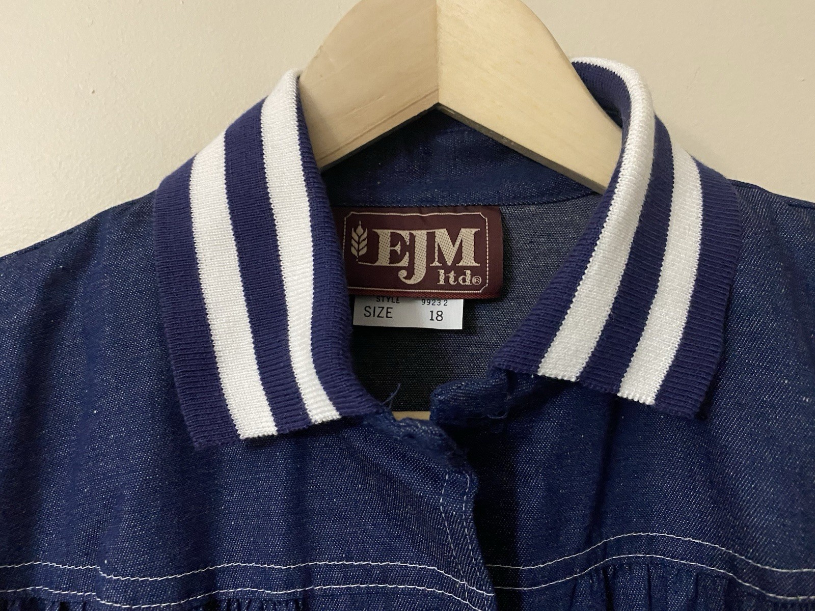 Vintage 1980s EJM Denim Jean Dress Belted Striped Collar NOS! USA 18 XL