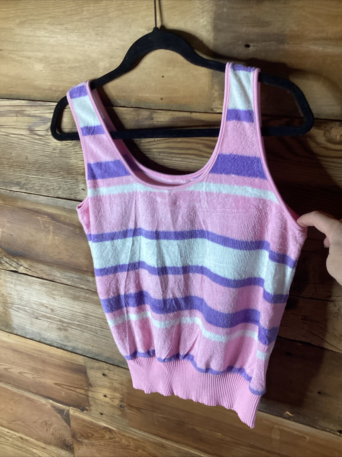 Vintage Terry Cloth Tank Top Banded Waist Purple Pink White Stripe size M/L
