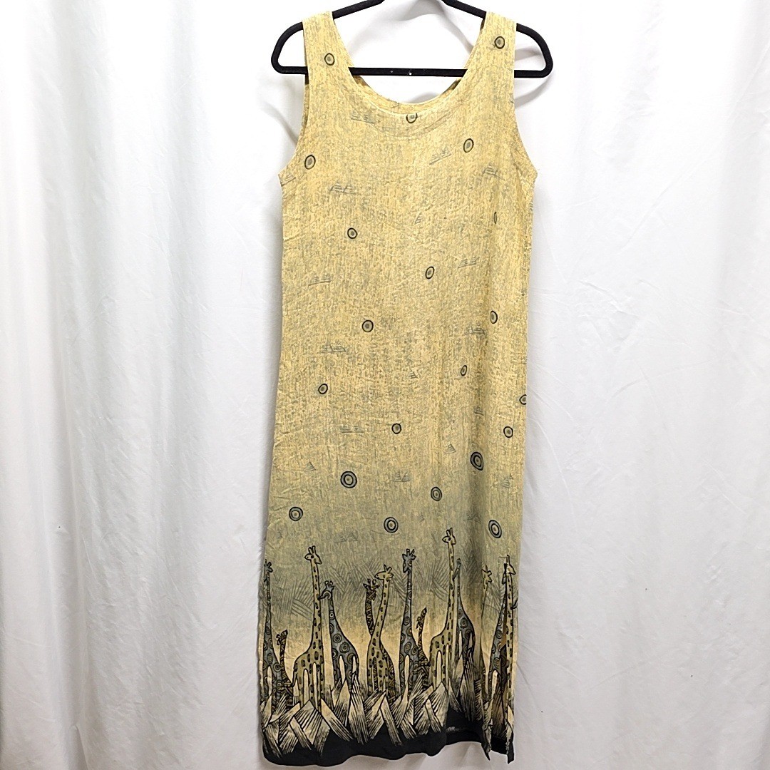 Sea Suns Giraffe Print Dress Womens L Tan Grey Vintage 90s Sleeveless Maxi Tank