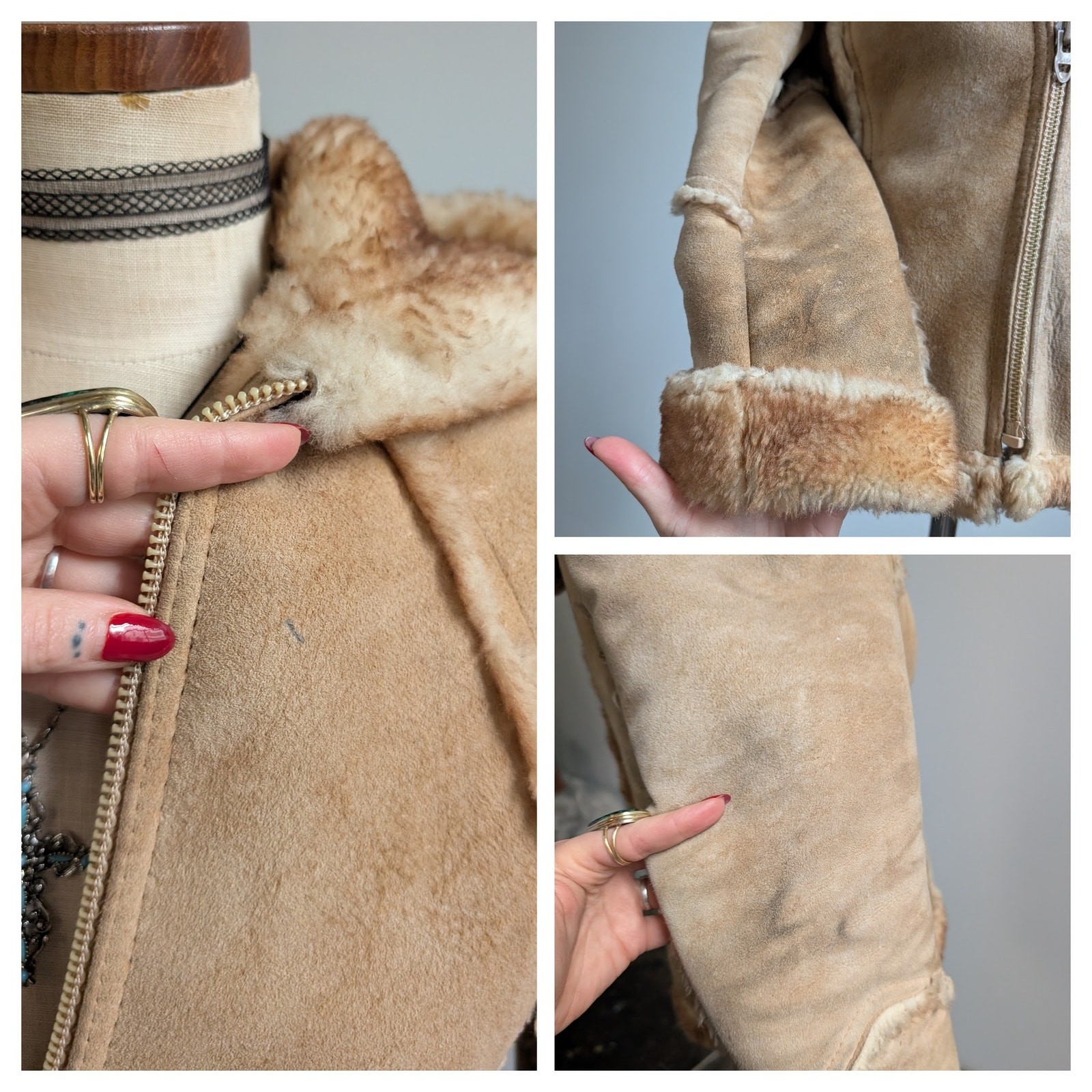 Vintage Tan Suede Shearling Coat Brown Wool Jacket Boho Chic Fur Coat Hood XS