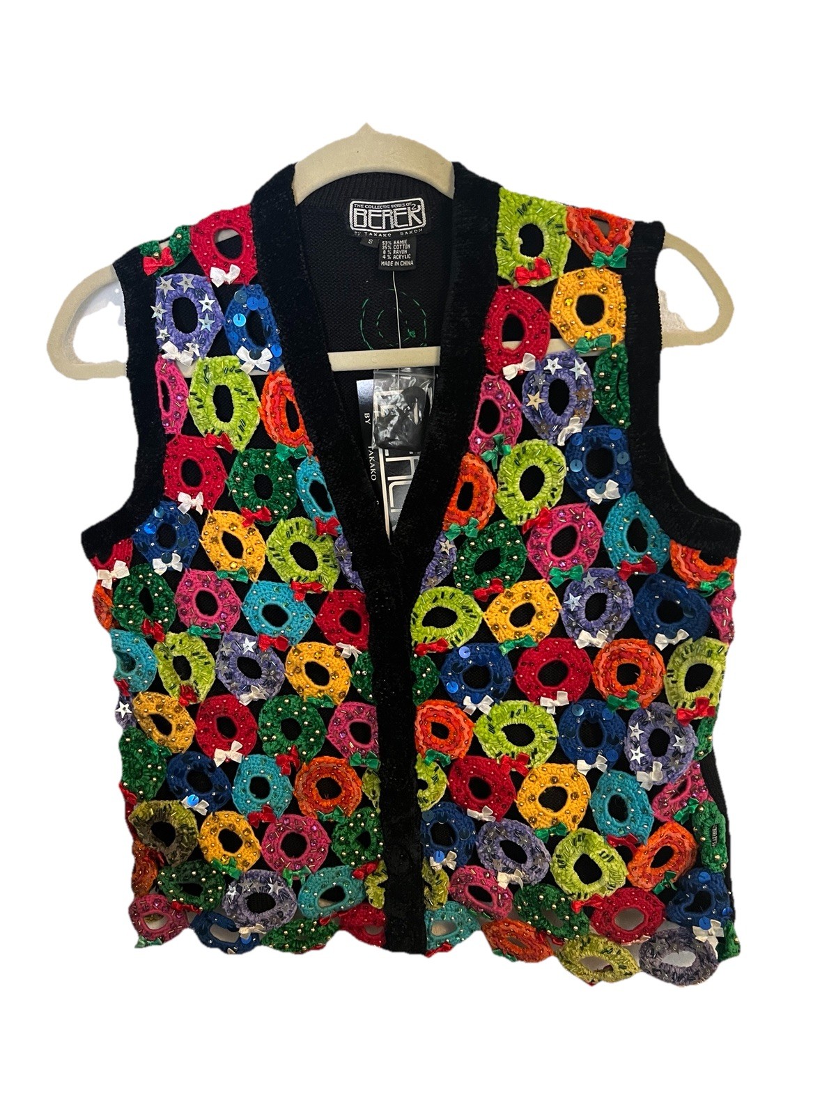 New Vintage Berek Holiday Christmas Vest Embellished Sparkly Wreaths Bows S