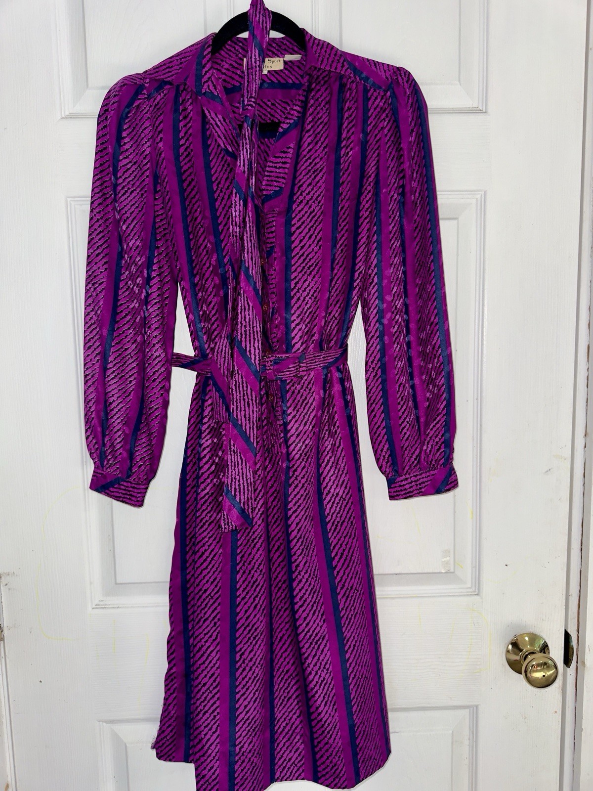 Vtg 70s Shrader Sport Petites Purple Silk Dress W Matching Belt & Sash
