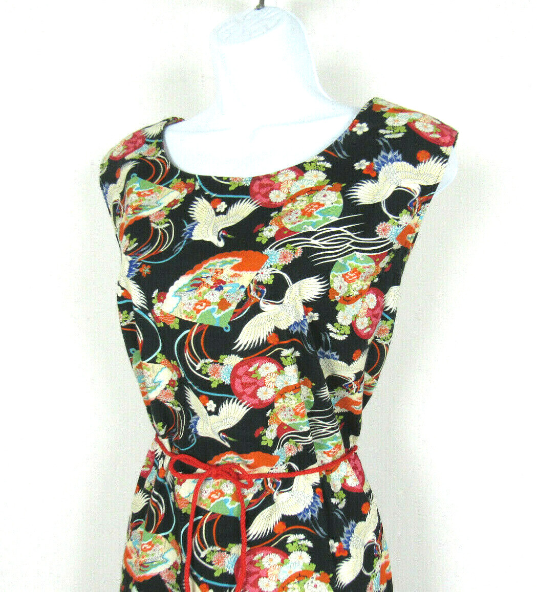 VTG 1960s 70s JAPANESE FLORAL DRESS FANS EGRETS SLEEVELESS ROPE BELT COTTON BLND