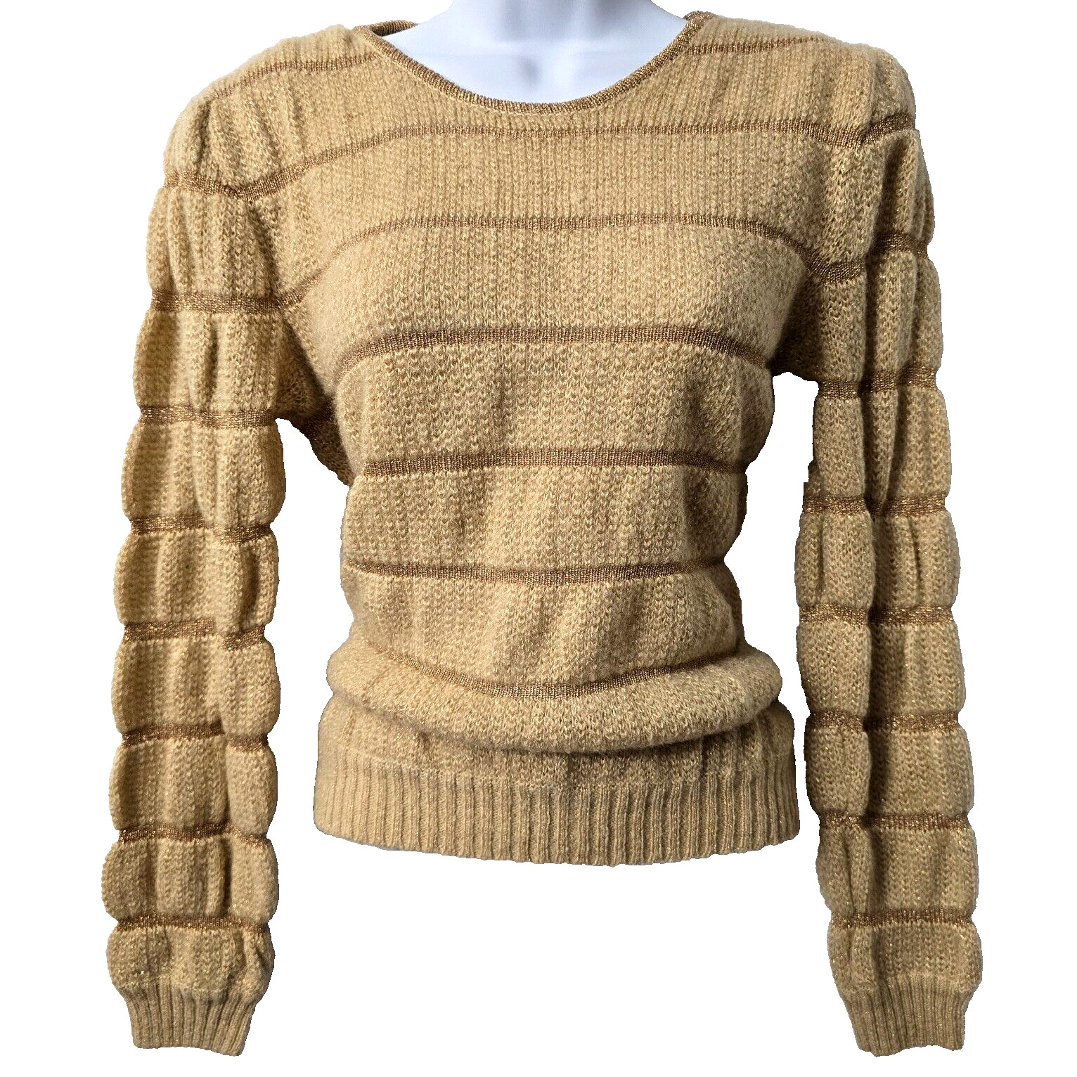 Vintage Wool Blend Knit Sweater S Ribbed Puff Sleeve Gold Sparkle 70s Grandma