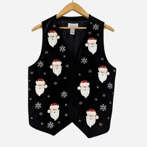 Vintage 90s Westbound Santa Applique Snowflake Holiday Vest Black Medium