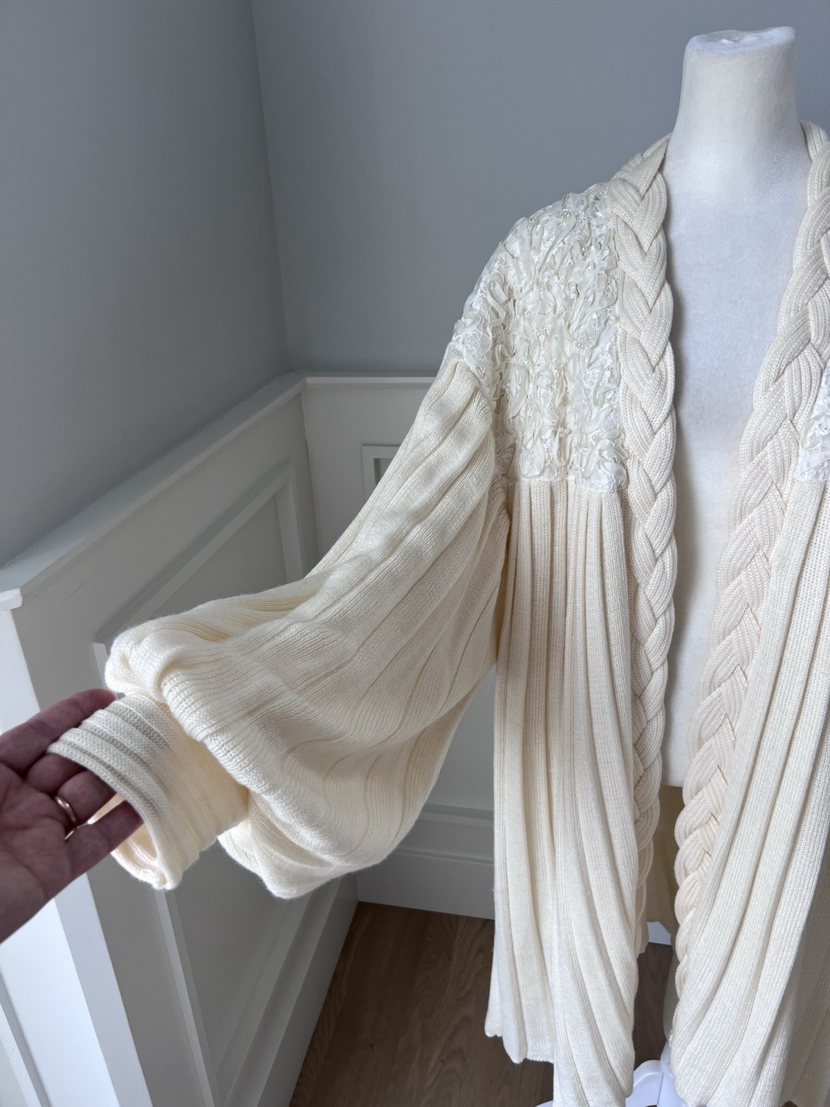 Maurada Vintage Ivory Knit Long Cardigan With Bishop Sleeves Size 1X- 2XL