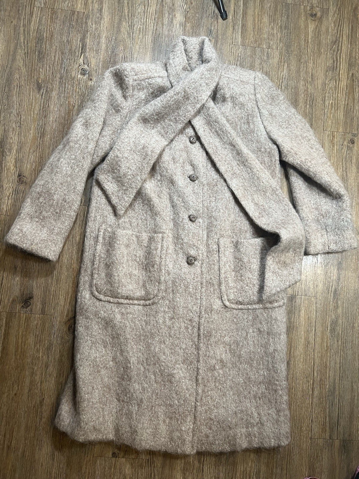 Vintage 80s 90s Oversized Mohair Trench Coat ILGWU Union Made USA Beige L/XL