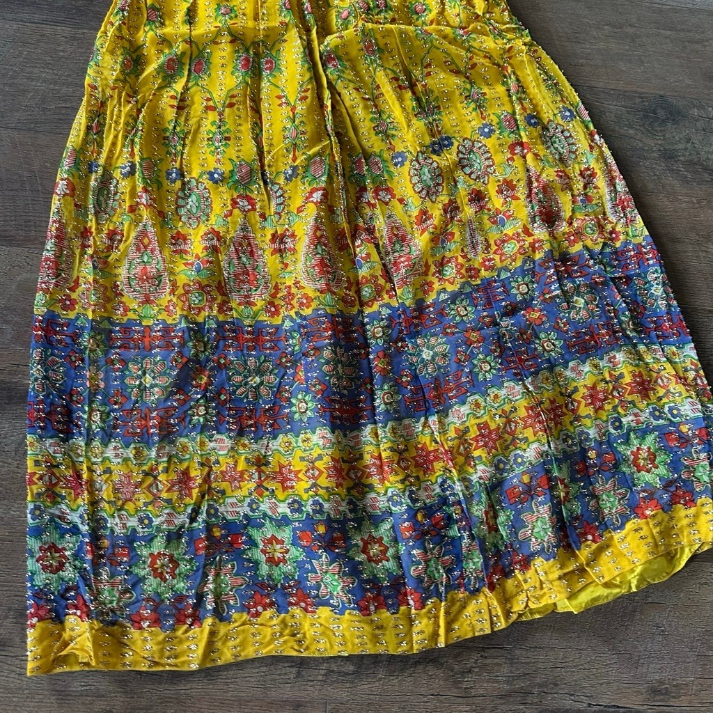 Women’s Bohemian Maxi Dress Yellow/Blue Floral Print Size M Summer