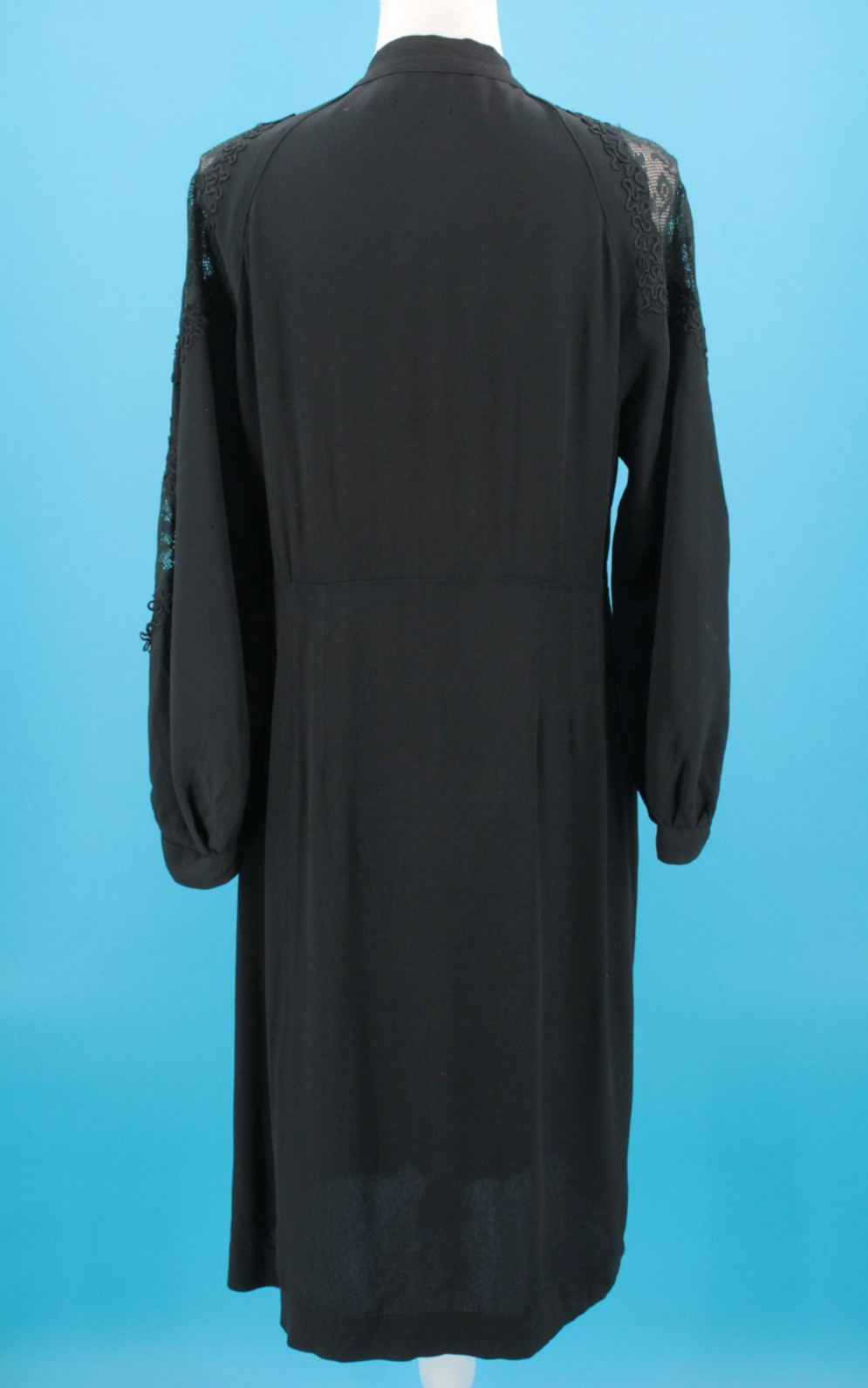 VTG Women’s 30s Black Drop Waist Dress W/ Lace Insert Sleeves Sz M/L 1930s