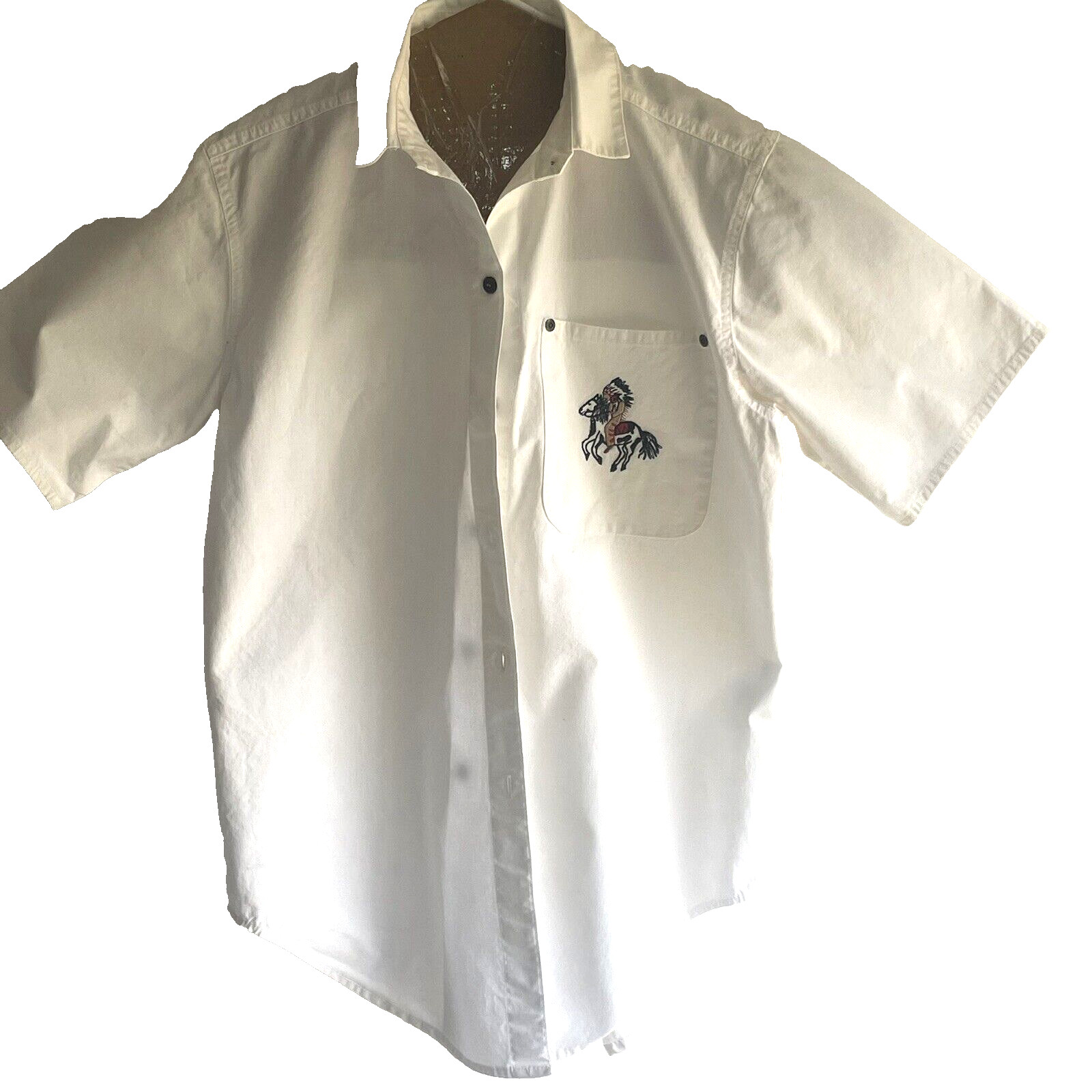 Vtg Gotcha Covered White Western Blouse Medium Embroidered Pony & Chief Warrior