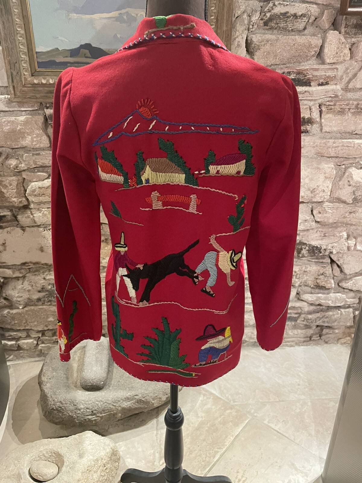 1950s Red Wool Felt Embroidered Mexican Tourist Jacket Size S