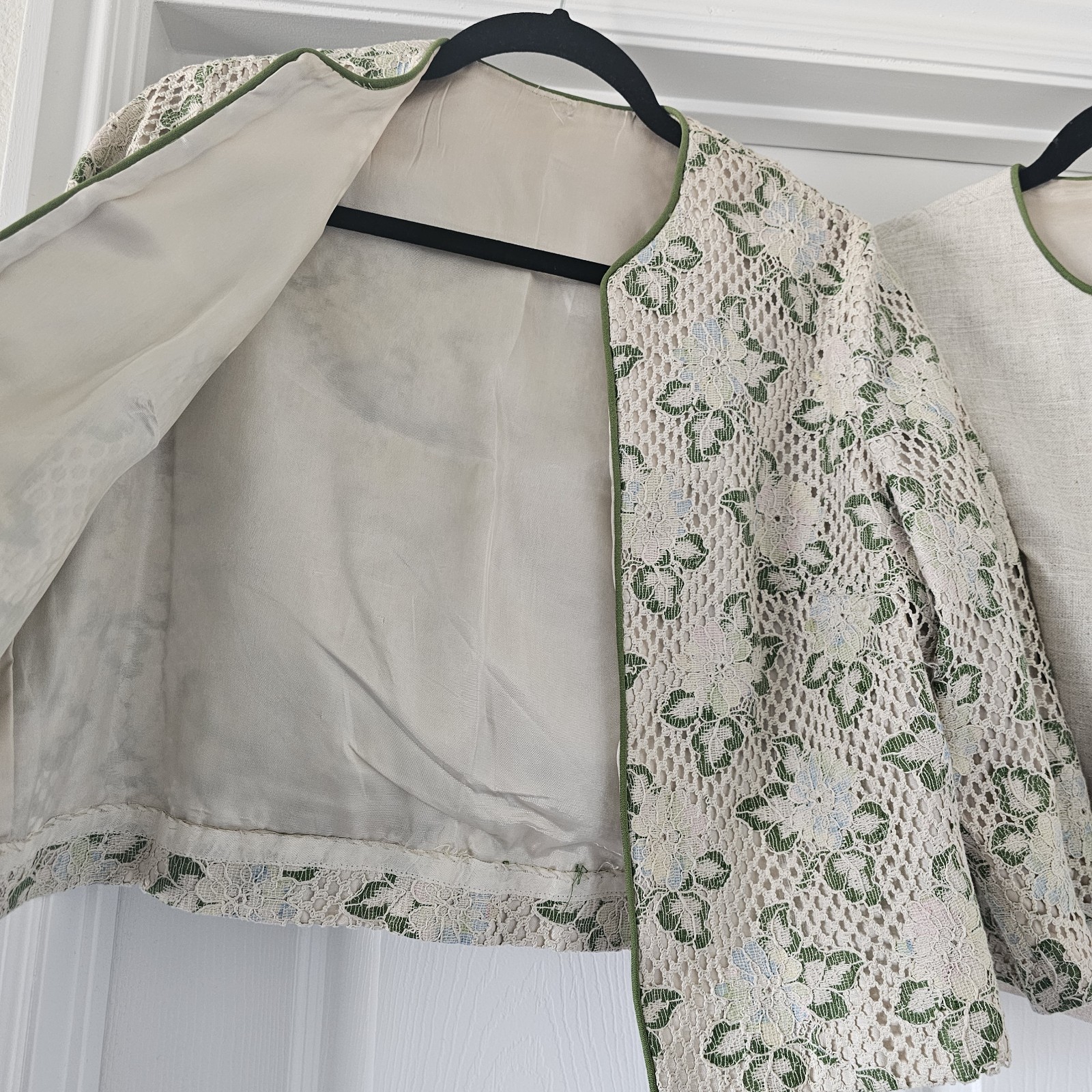1960s 1970s Vintage Blouse Jacket Set Floral Crochet Lace Linen Top #86