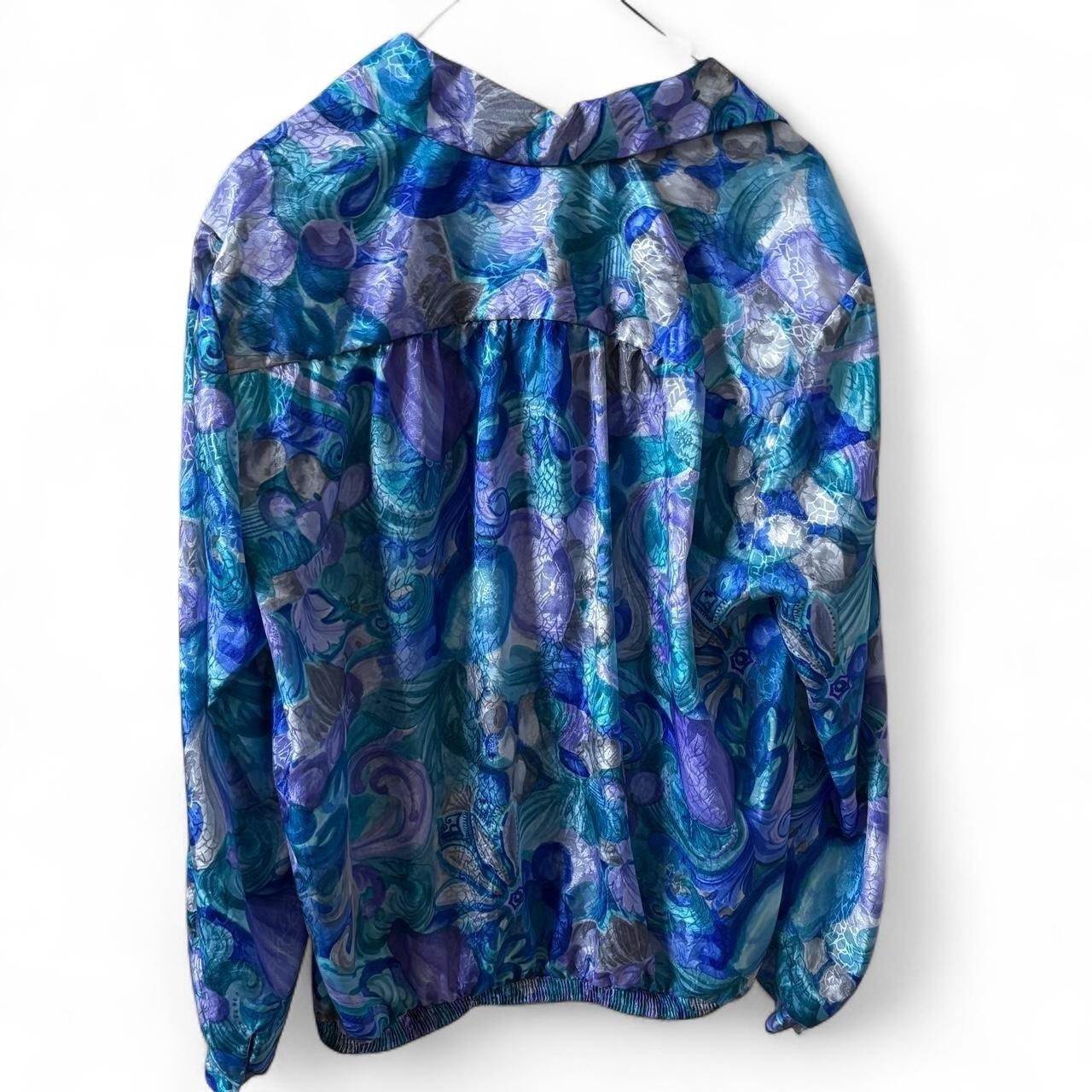 Vintage Siasia NY Blue Purple Grey Floral Abstract Blouse XL Made USA