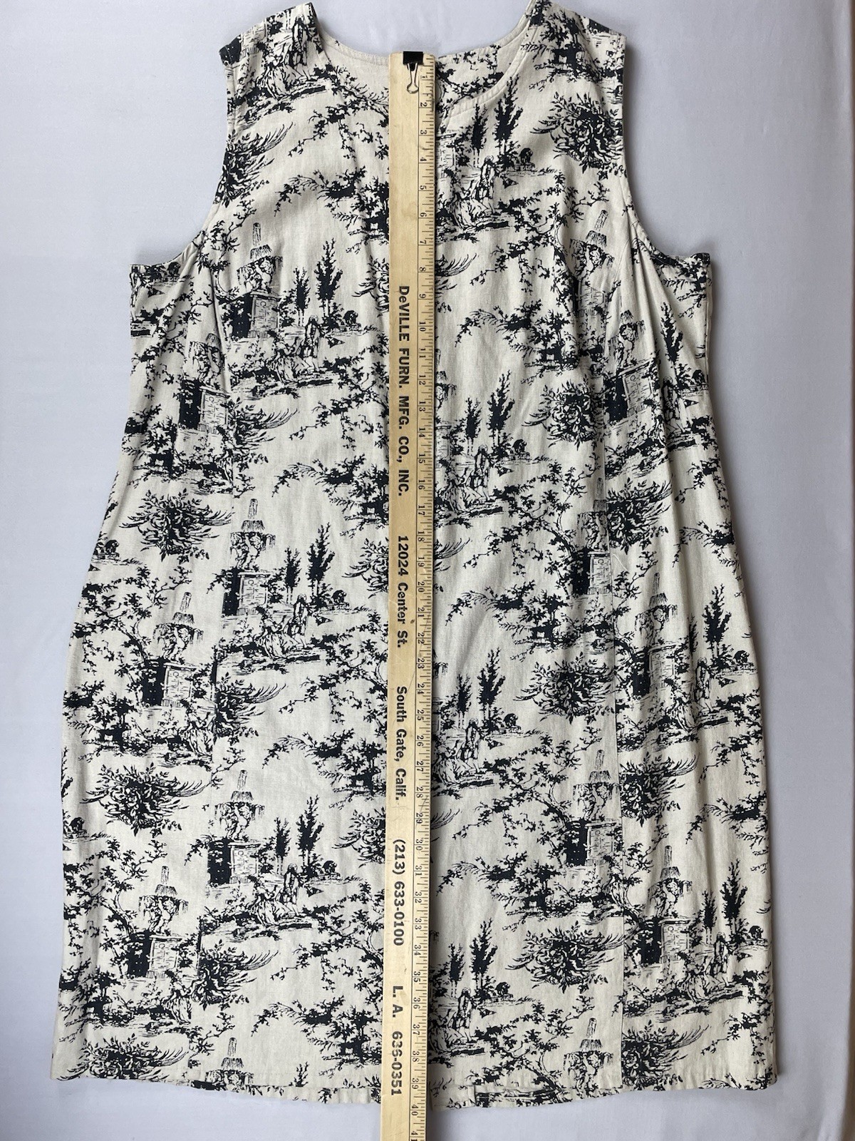 Vintage David Meister Linen Blend Sheath Midi Dress XL Black Cream Toile Print