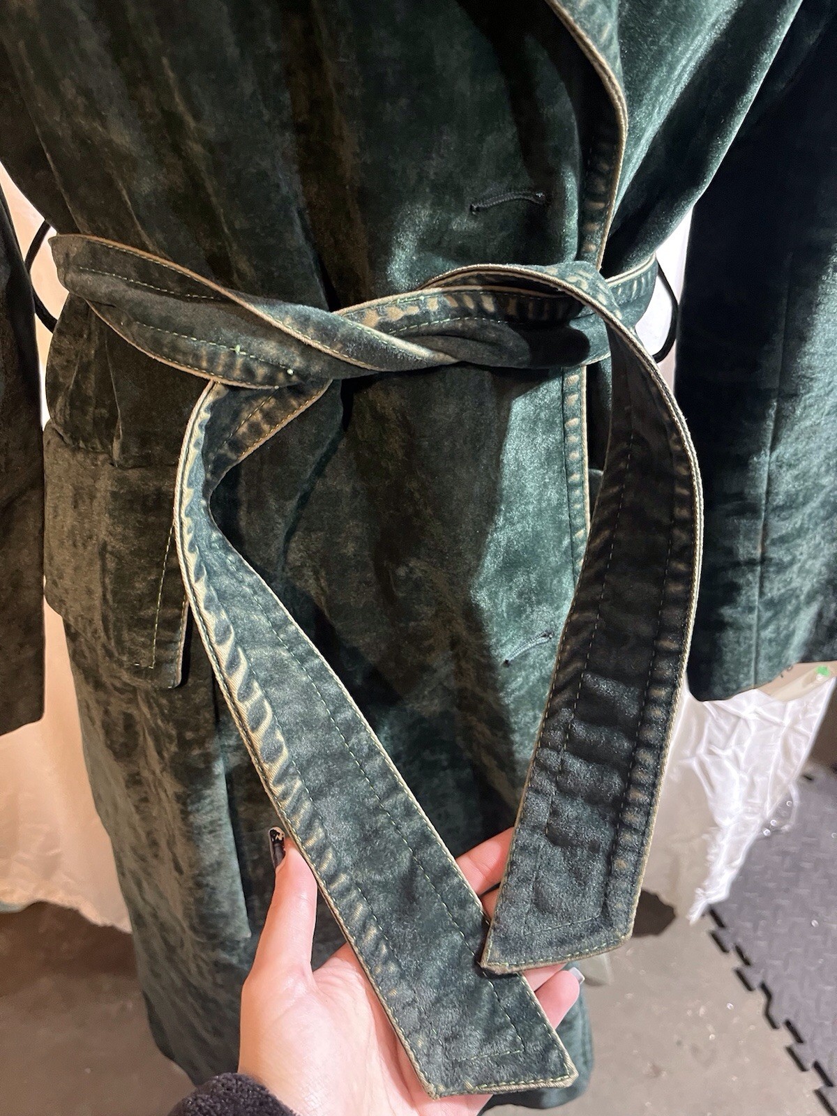 Green Velvet Vintage 1970s 1960s Deep Pockets Trench Style Belted Antique Mod