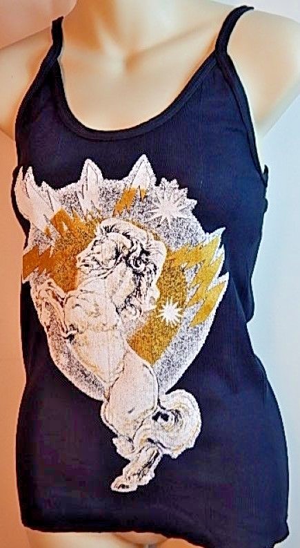 Nos Vintage Black Tank Top T Shirt Lightning Bolt Gold Fantasy Mythical Horse L