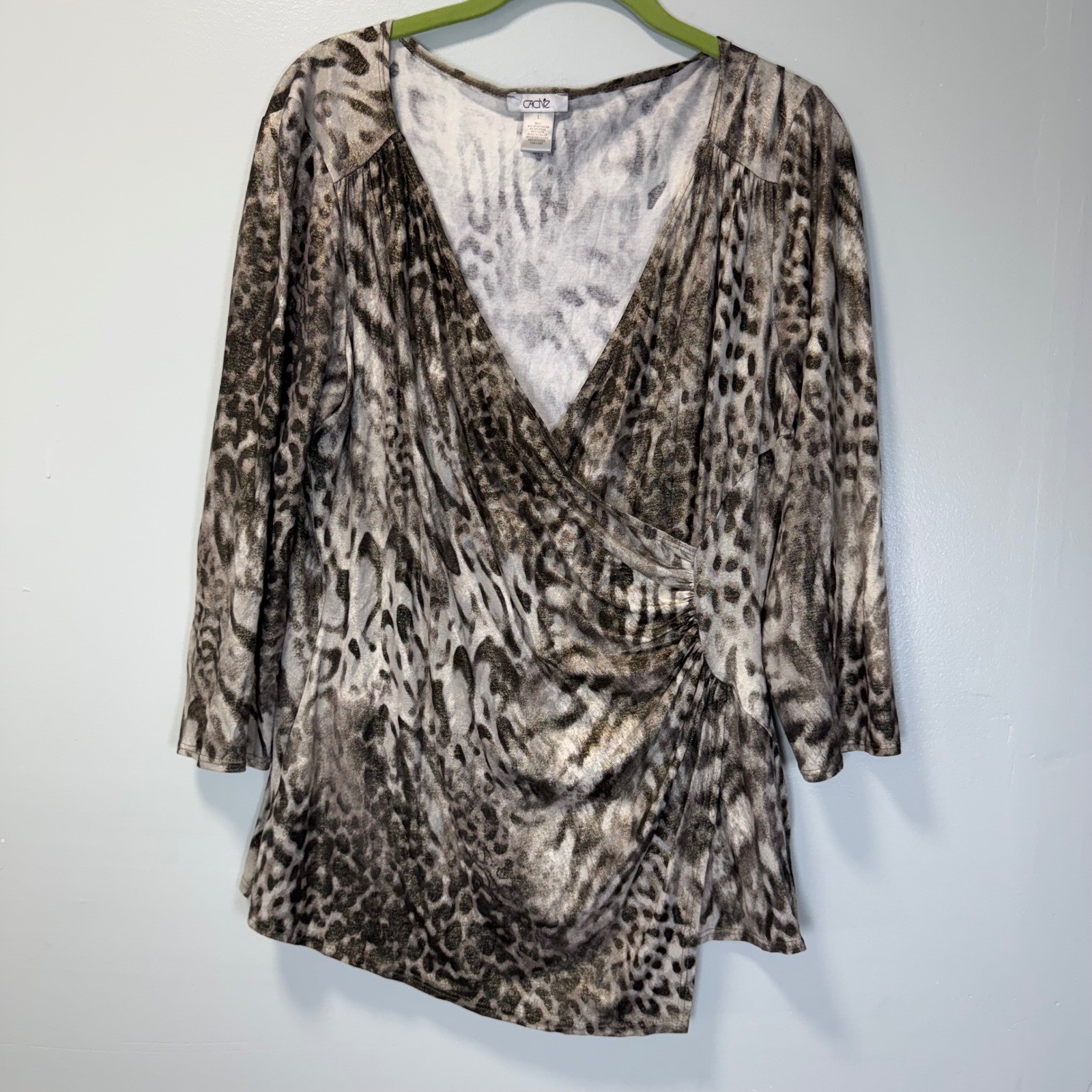 Y2K 90s Cache Leopard Print Metallic Wrap Top V-Neck 3/4 Sleeve Gold Brown Large
