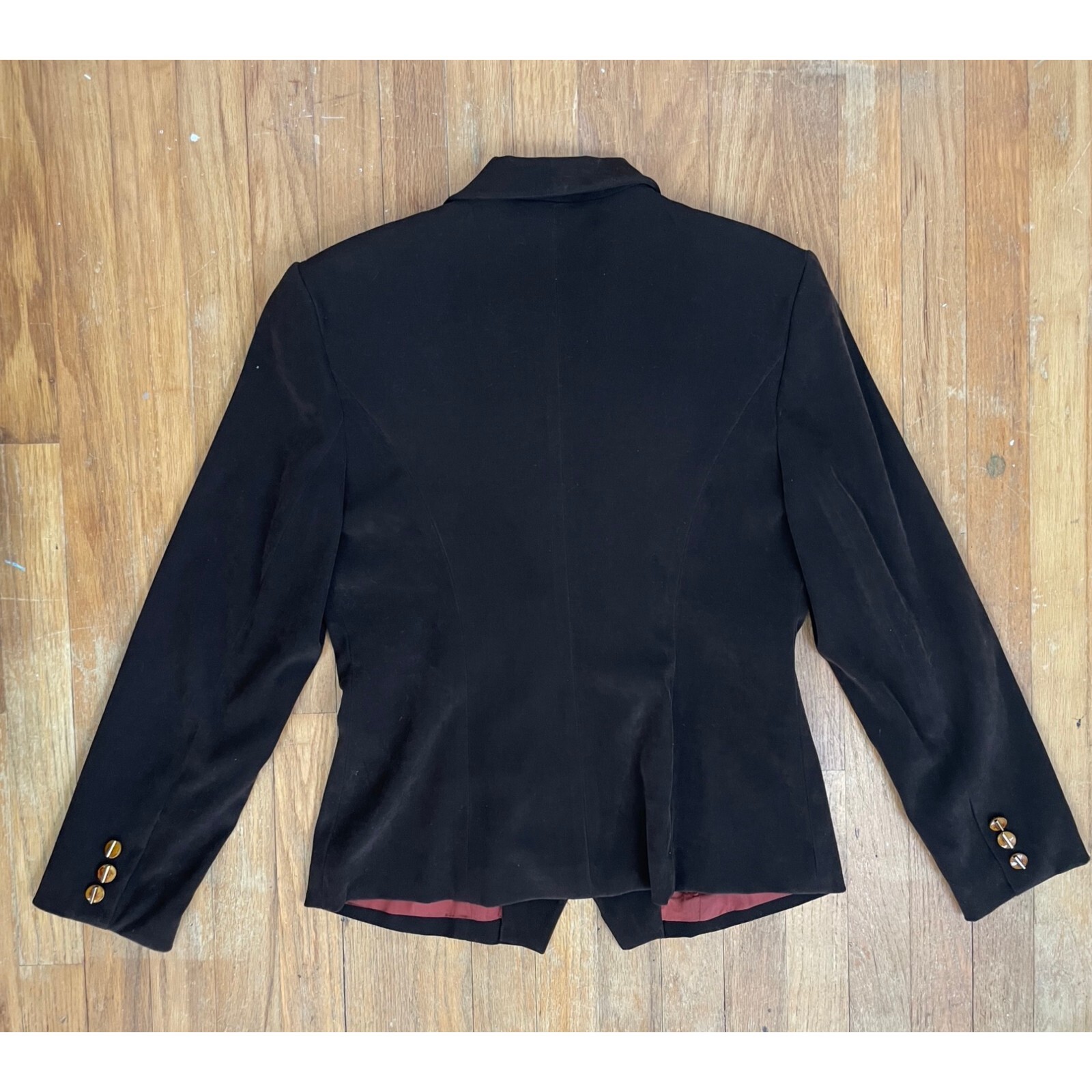 Vintage Women’s Blazer Gold Enamel Button Jacket Brown Ultra Suede Size Medium