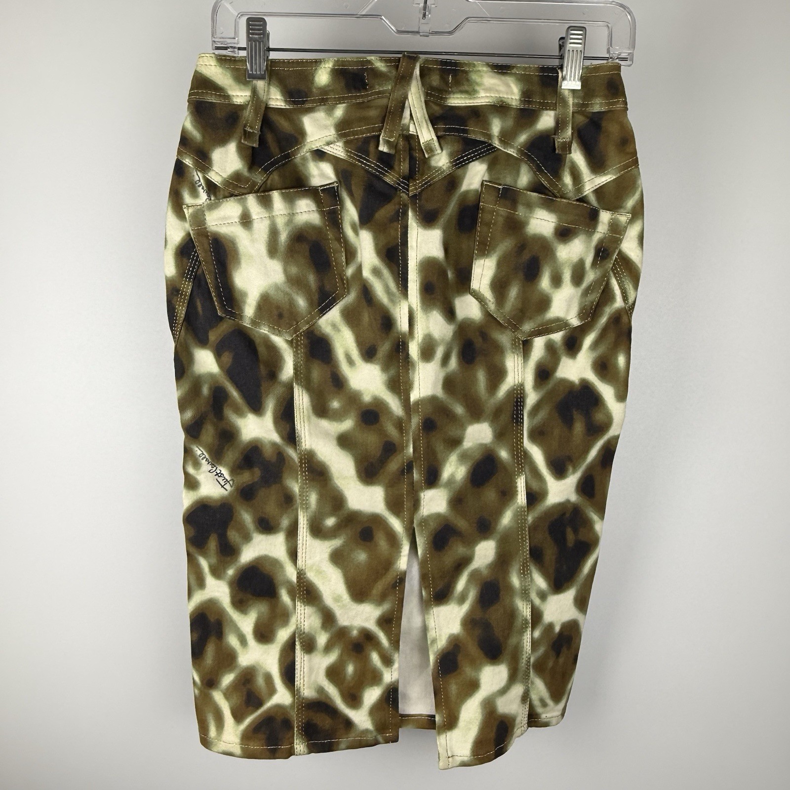 Vtg JUST CAVALLI Denim Camo Signature Pencil Skirt 38 Gold Stitching Zip Italy
