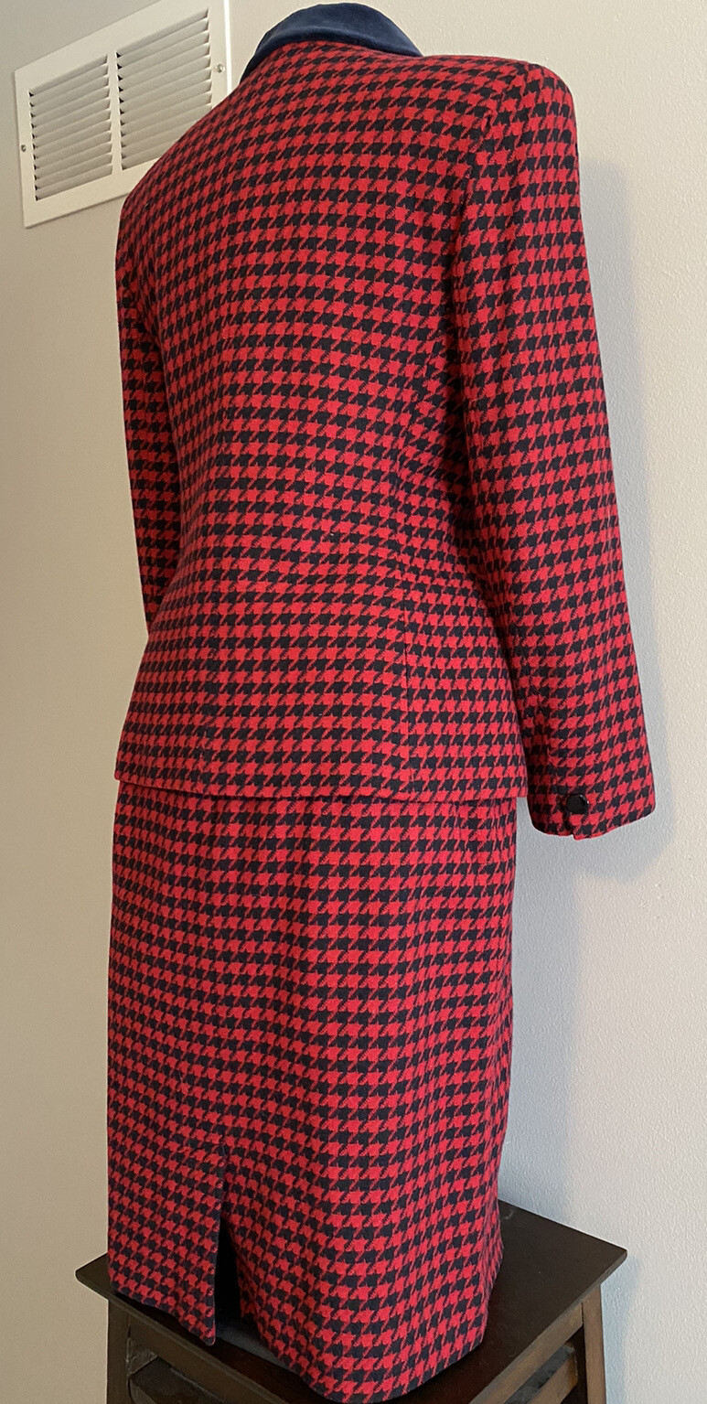 Vintage Rena Rowan for Saville Wool Jacket and Skirt Set Red Navy Houndstooth