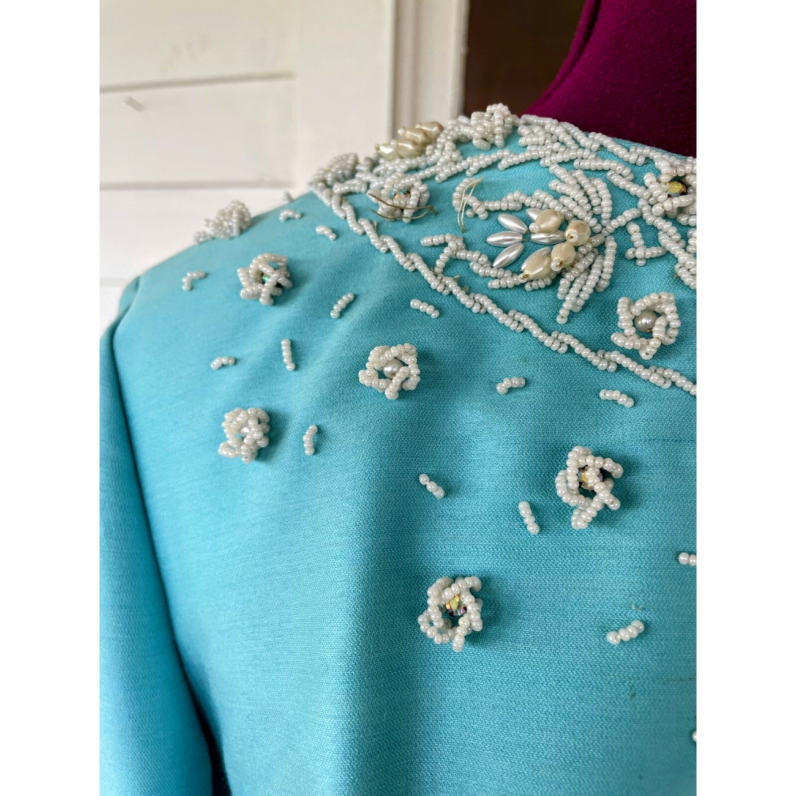 Vintage 1960s Blue Heavy Beaded Silk/wool Blend Midi Dress