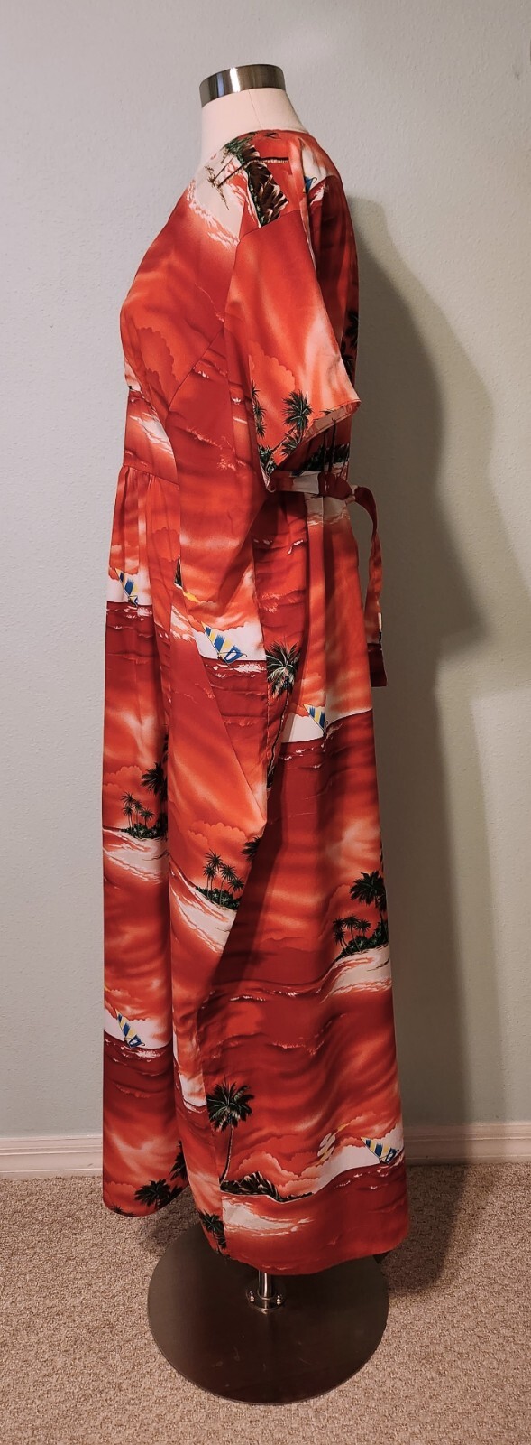 Vintage 1970s Red Sailing Hawaiian Tropical Beach Maxi Kaftan Back Tie One Size