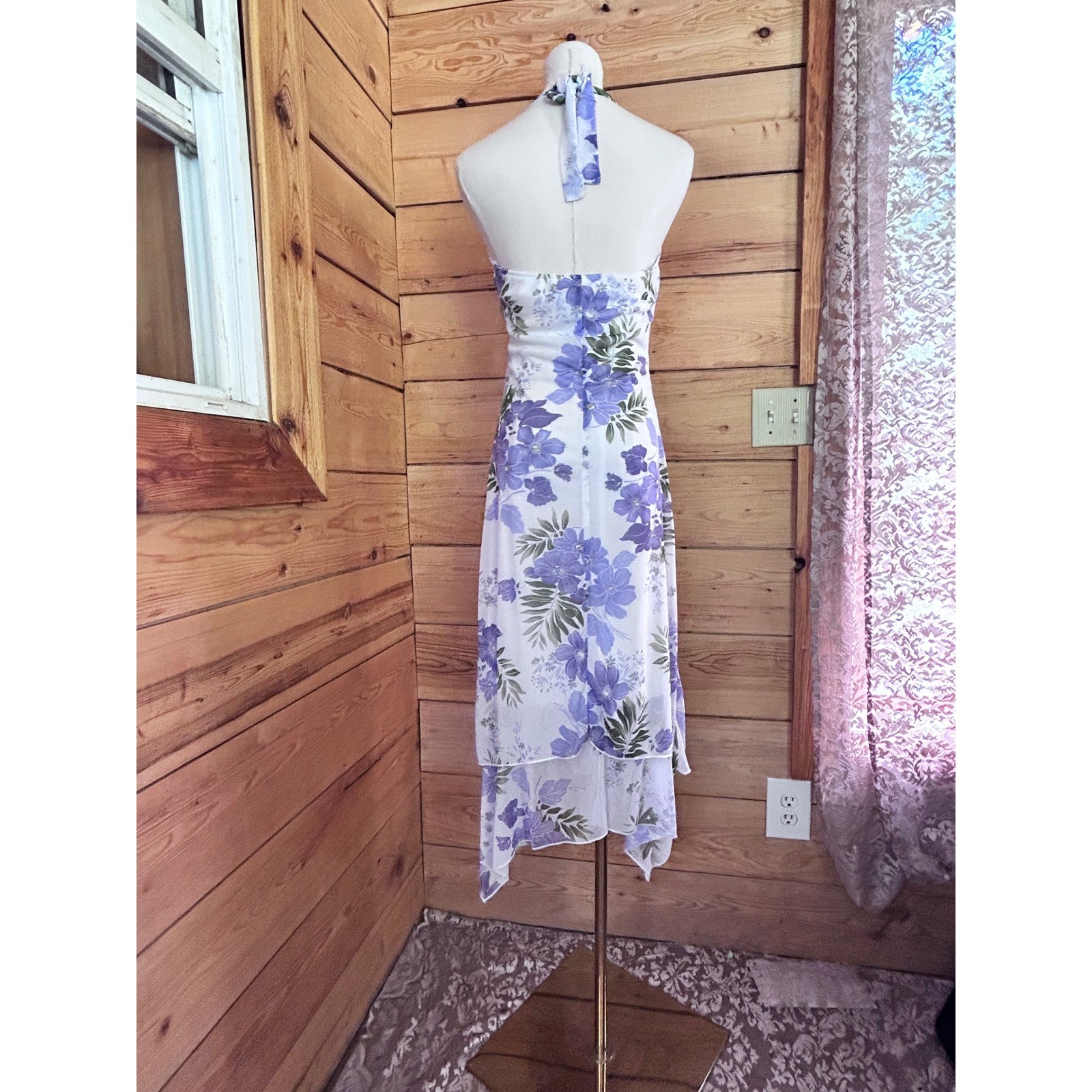 Vintage Halter Dress Womens Size 6 Purple Floral Handkerchief Hem Midi Mariposa