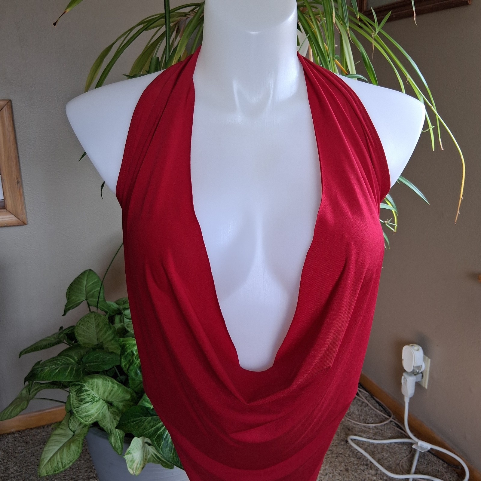 Vintage Y2K Frederick’s Hollywood Red Halter Dress Open Back Clubwear Glam L USA