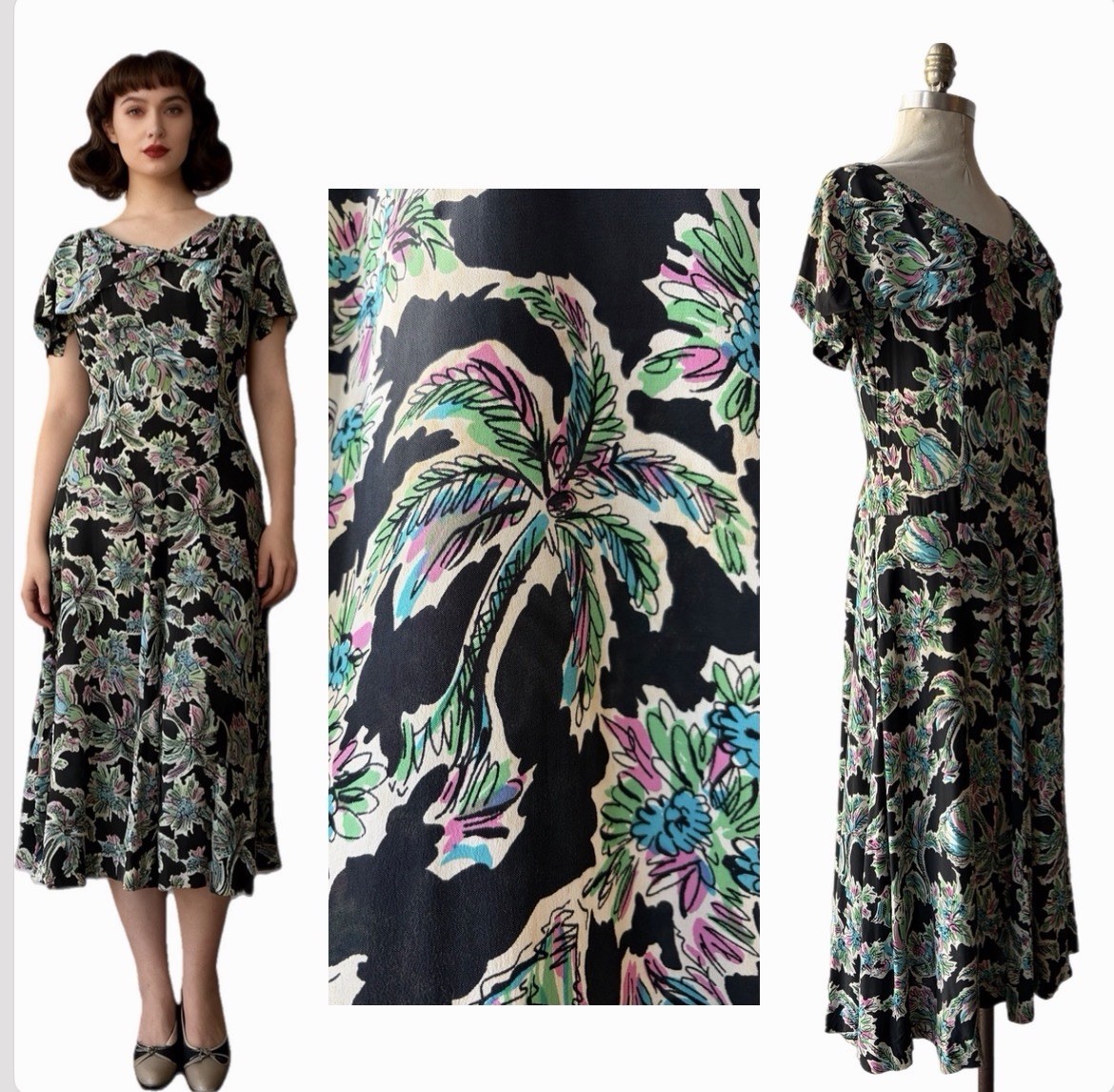 Vintage 40s Rayon Tropical NEON PALM Print Novelty Bow Neck Tiki Hawaiian Sz 10!