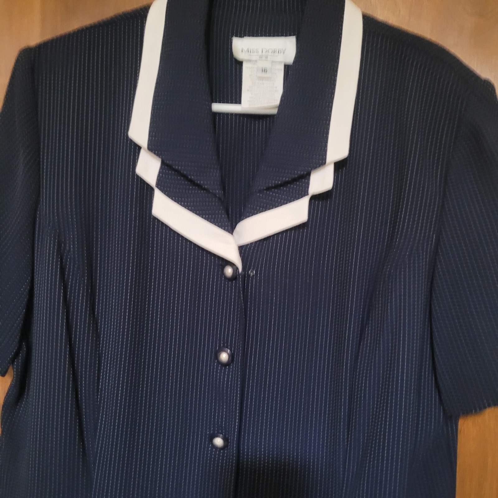 Miss Dorby Navy Blue Pinstripe Dress Cottagecore Nauticle Chic Professional S-16