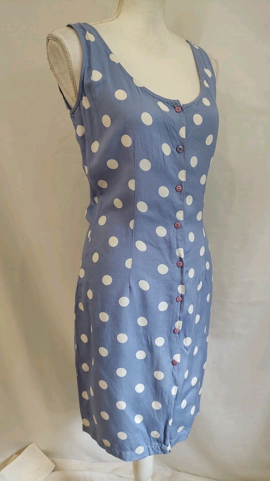 90’s Vintage Dress Together Pencil Dress Blue & White Polka Dot Button Front 8