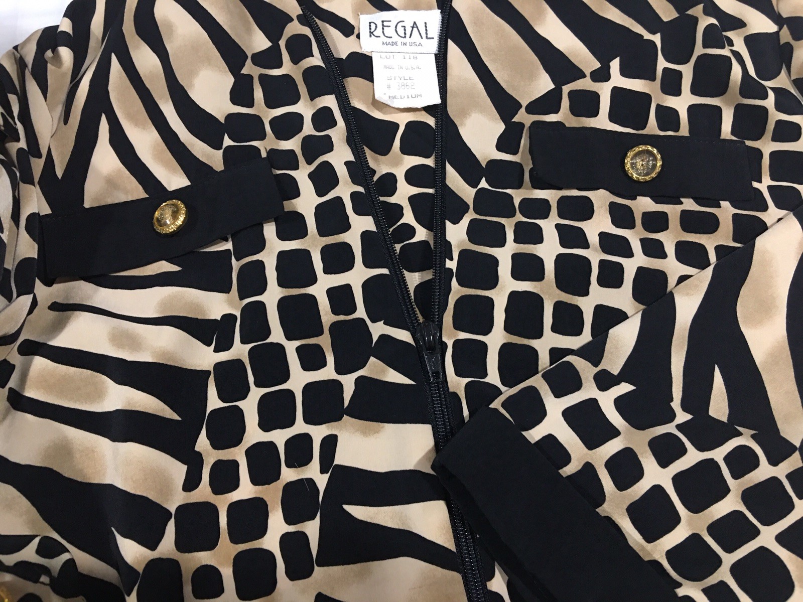 Vtg Animal Print REGAL Satin Shirt Top Zip Up Cape Jacket S M