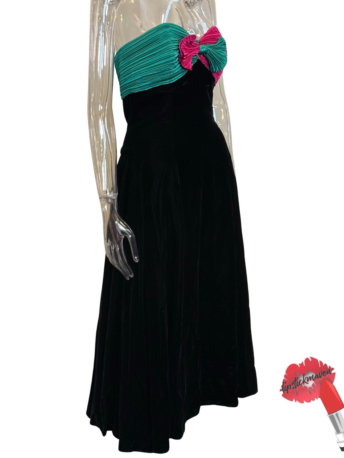 Vintage Morton Myles Dress 10 Black Pink Green Velvet Party Formal Ball Gown USA
