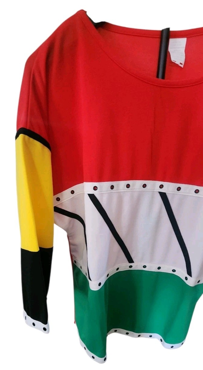 VTG Abstract Multicolor Colorblock 3/4 Sleeve Red Yellow Blk White Women’s Shirt