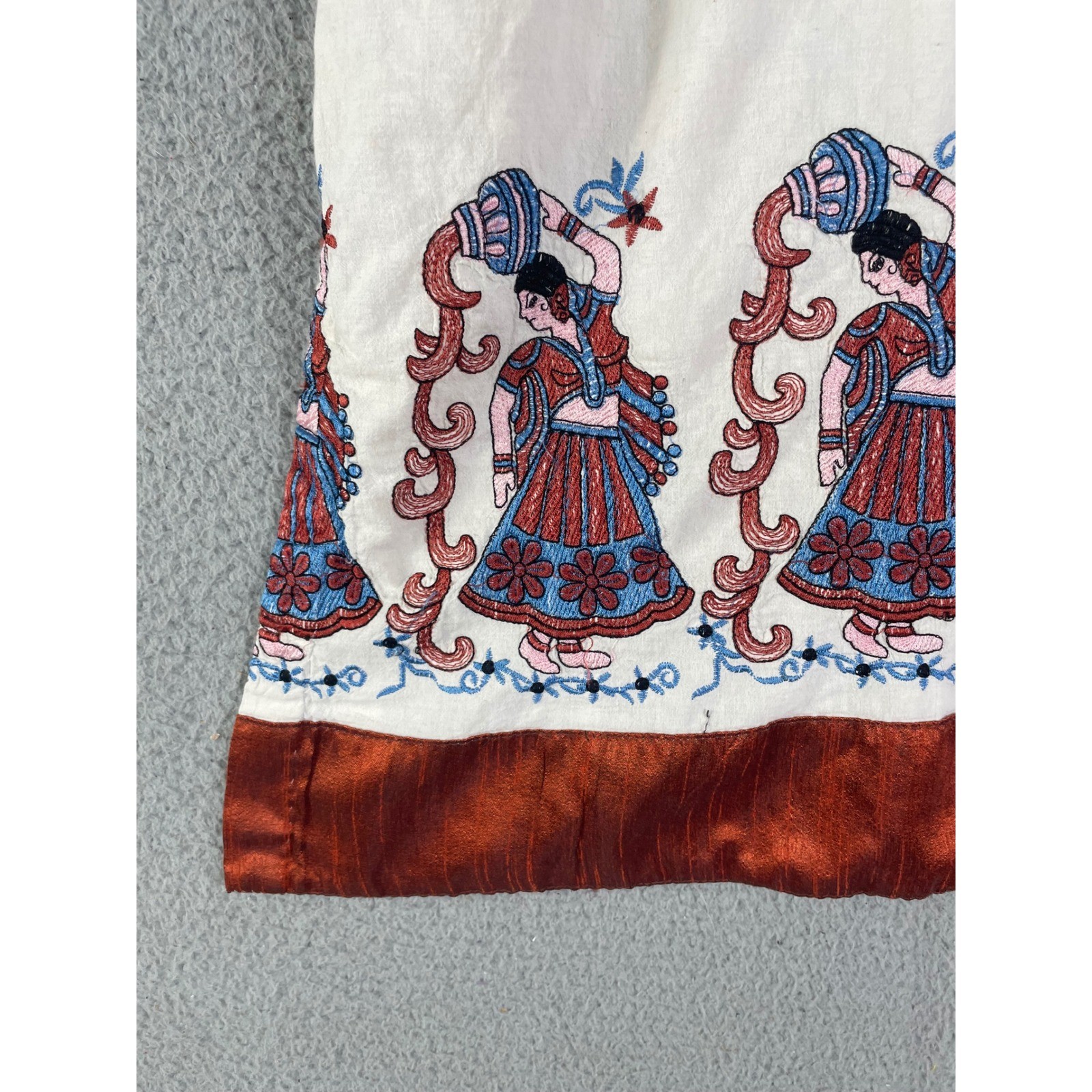 Vintage Hand Embroidered Boho Tunic Dress Cream Rust Blue V Neck Cottagecore